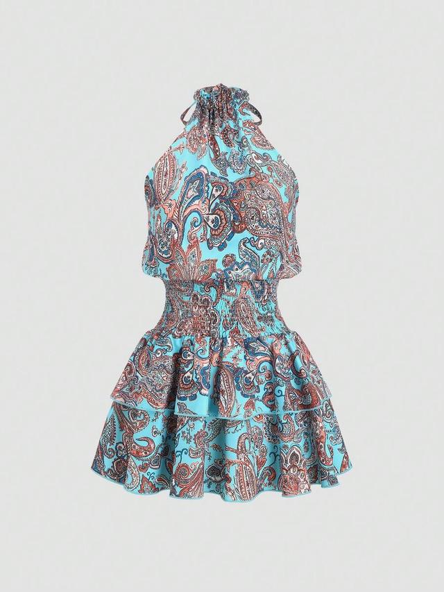 sweetra vintage print waist cinched mini dress