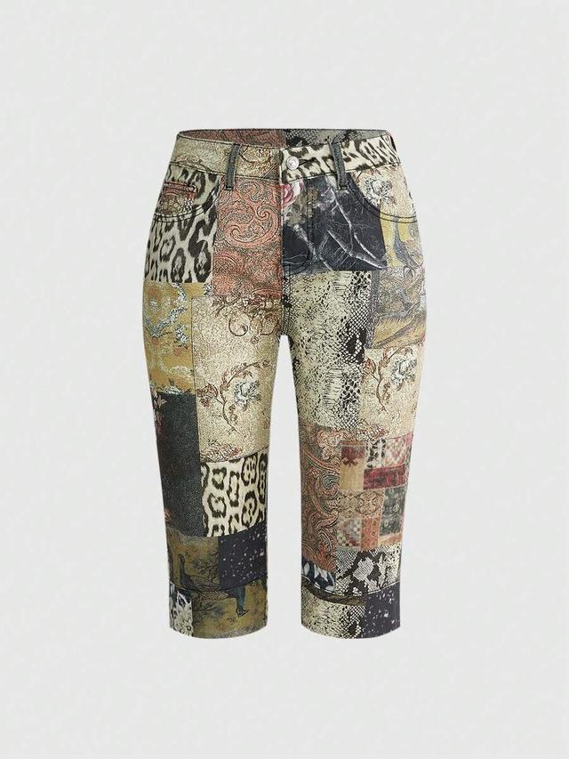 hippie vintage leopard and floral print denim shorts