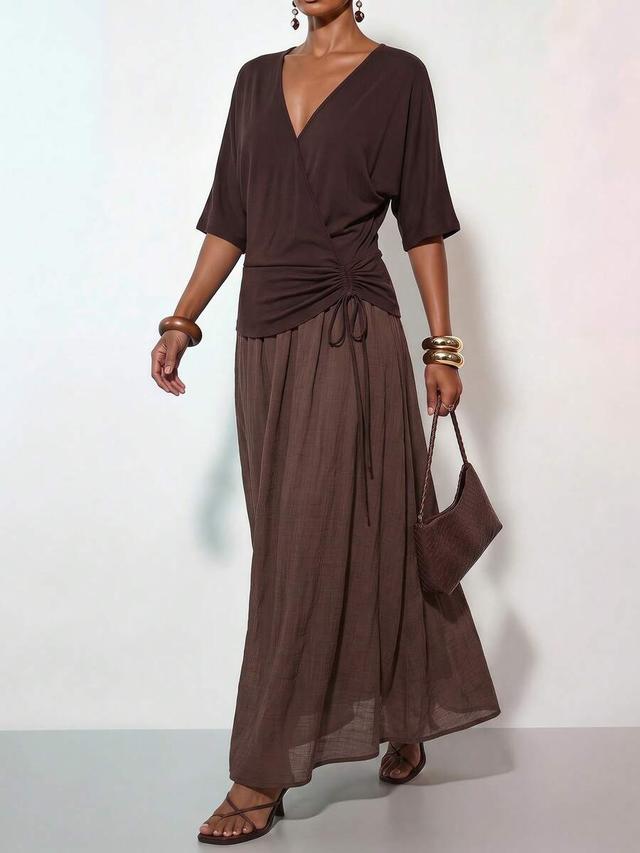 brown minimalist halter ruched a-line long dress