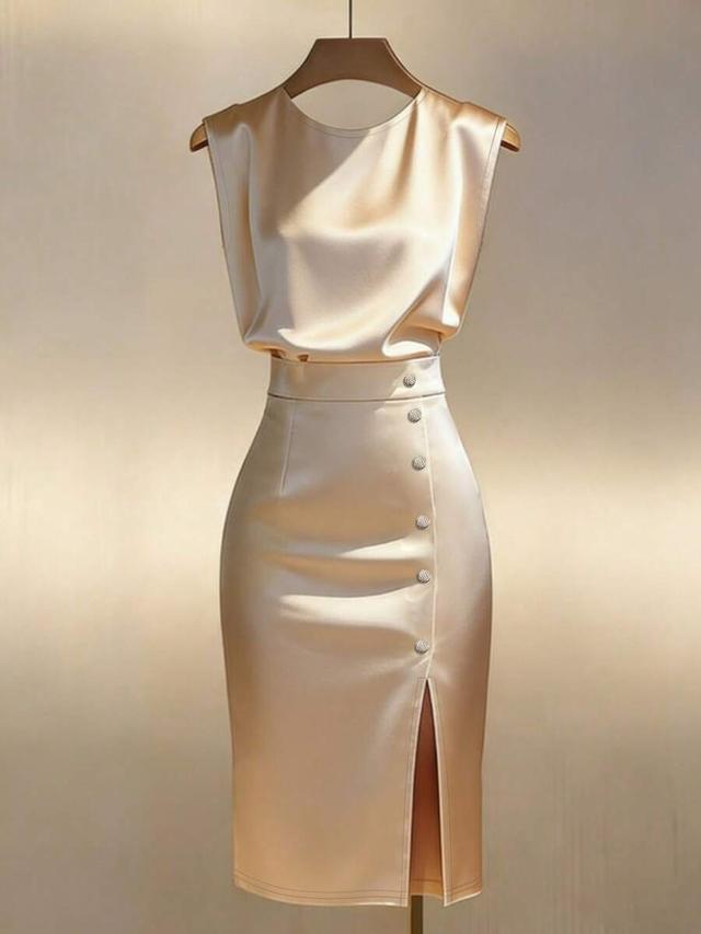 champagne satin sleeveless midi dress with side buttons