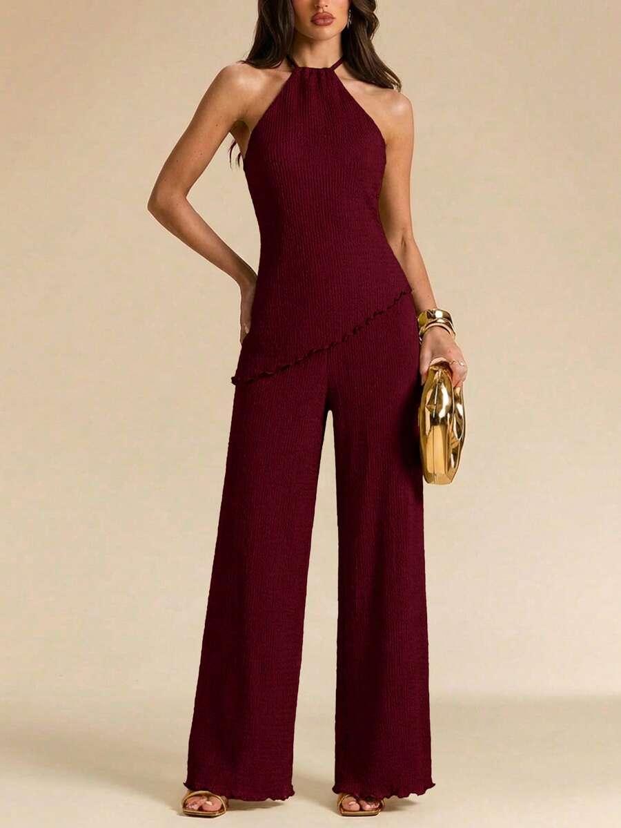 burgundy textured halter top and wide leg pants set