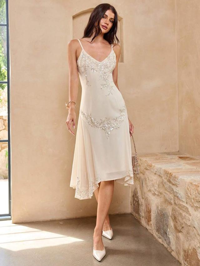 cream white sequin floral pearl embroidered slip dress