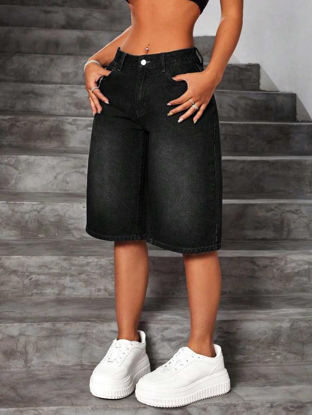 women's black denim wide leg bermuda shorts