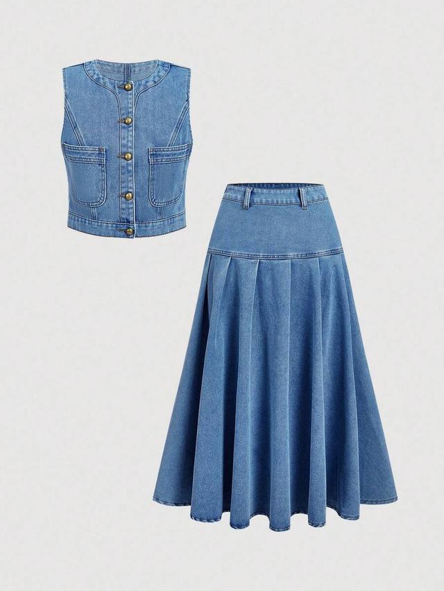 denim vest and pleated midi skirt set