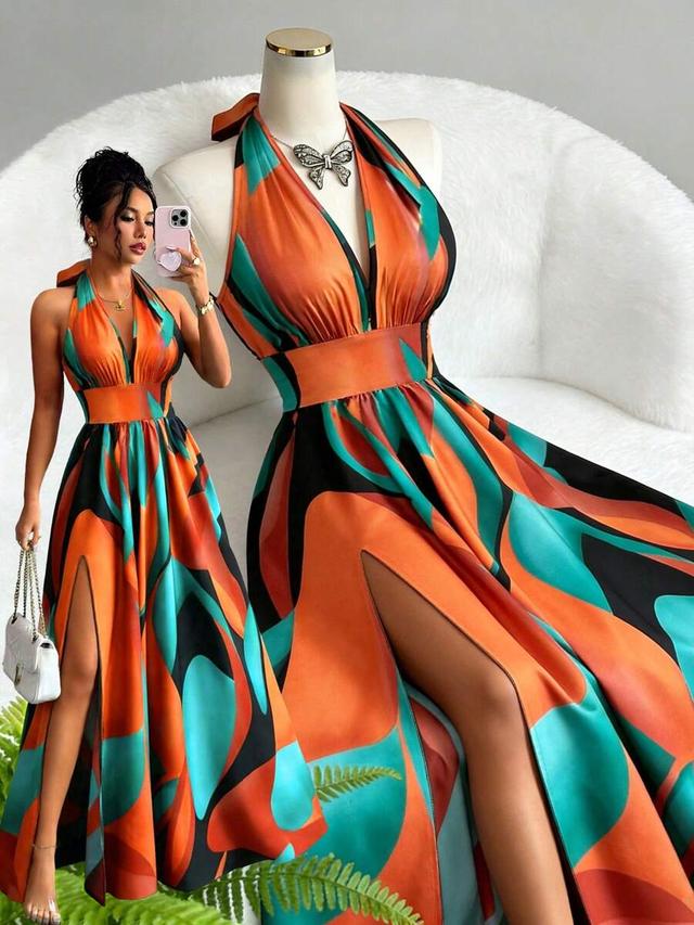 abstract print satin halter neck maxi dress
