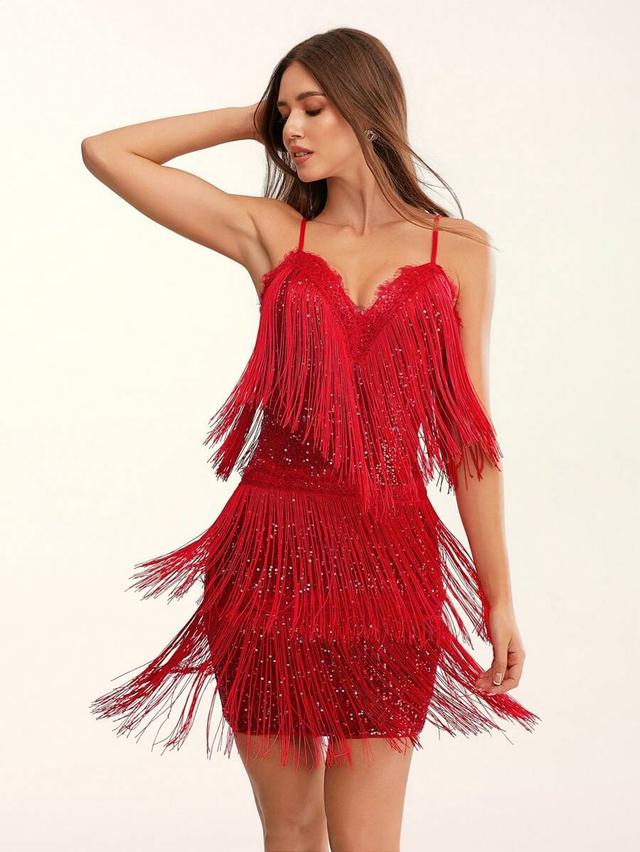 red glitter cami dress with tiered fringe detailing