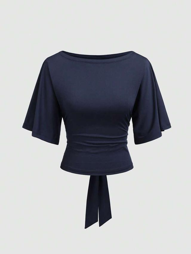 navy blue boat neck batwing sleeve tie waist top