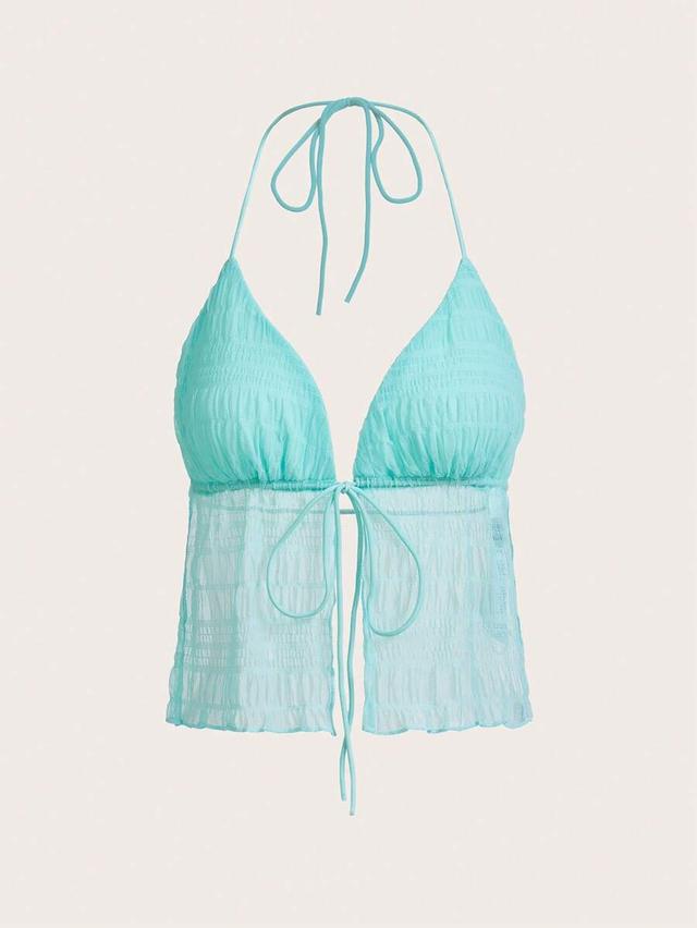 light blue mesh halter tie backless y2k top