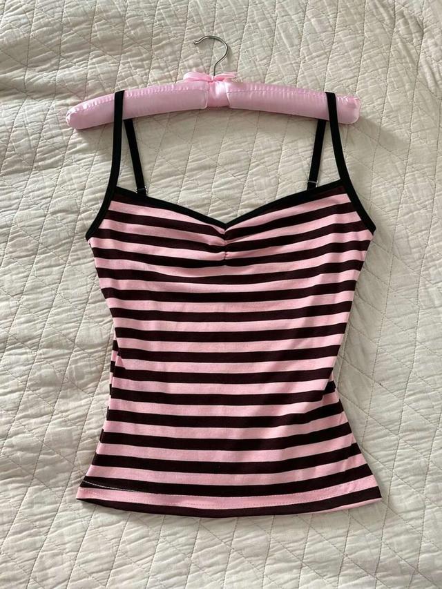 pink and black striped ruched camisole top