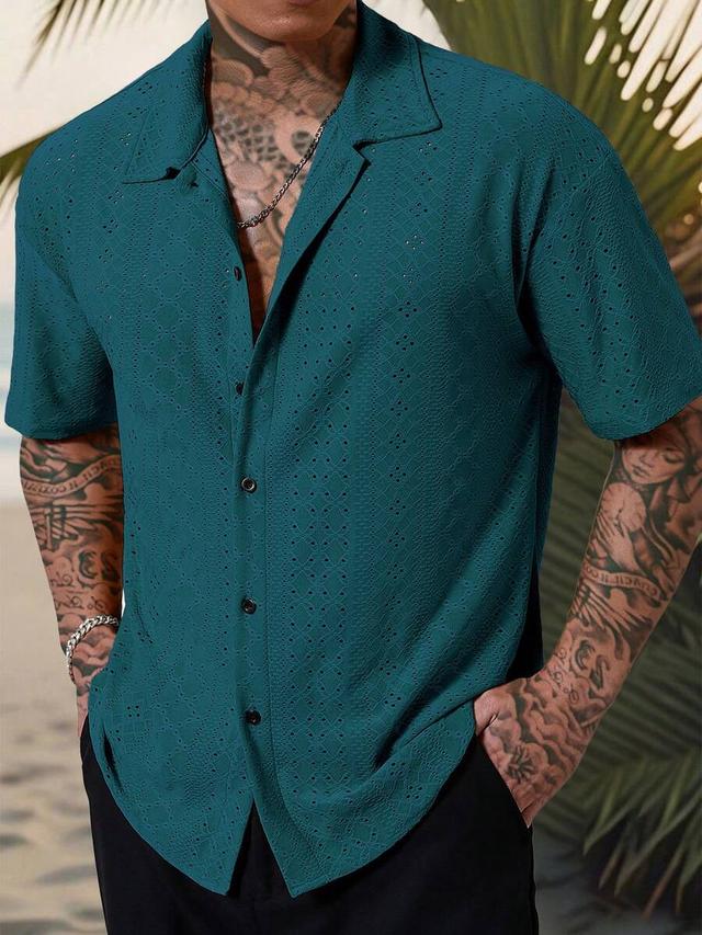 teal hollow out short sleeve button down shirt