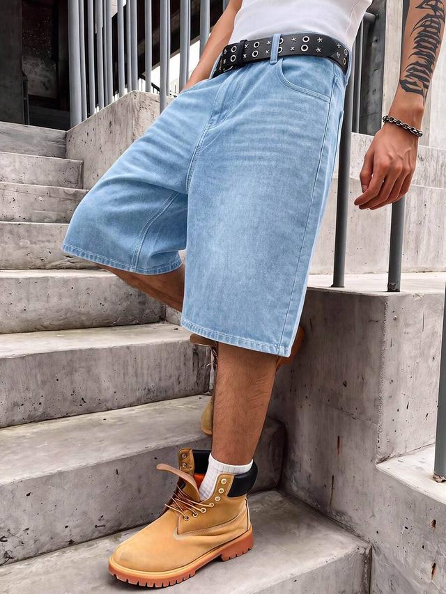 men's loose fit light blue washed denim shorts