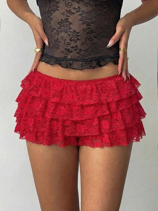 red lace layered ruffle ultra low-waist shorts