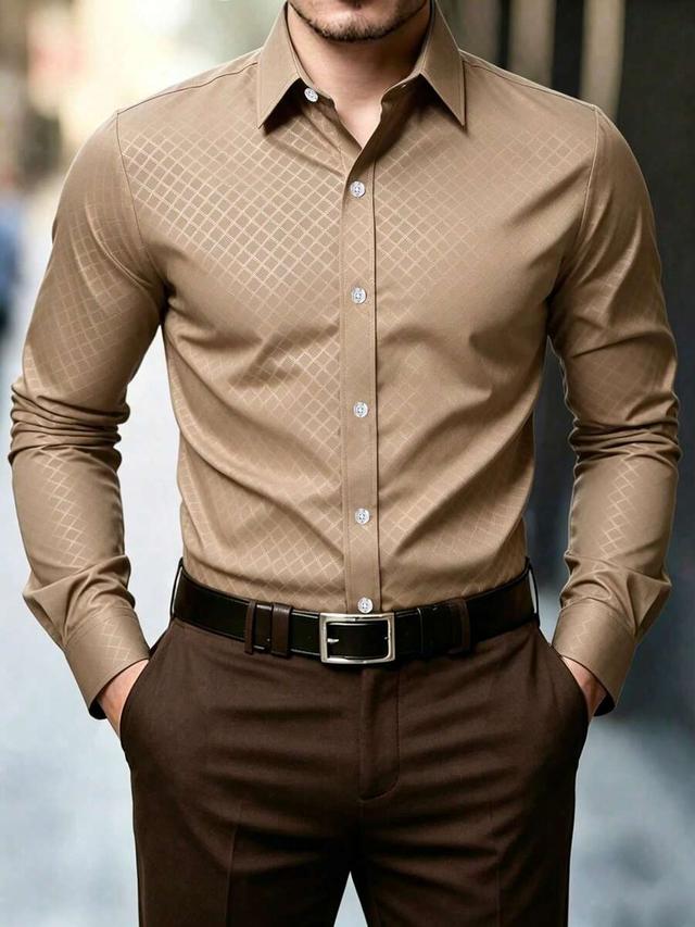 tan geometric jacquard slim fit formal shirt