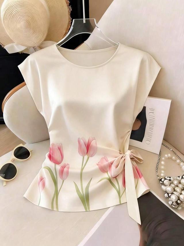 beige satin tulip print sleeveless wrap top