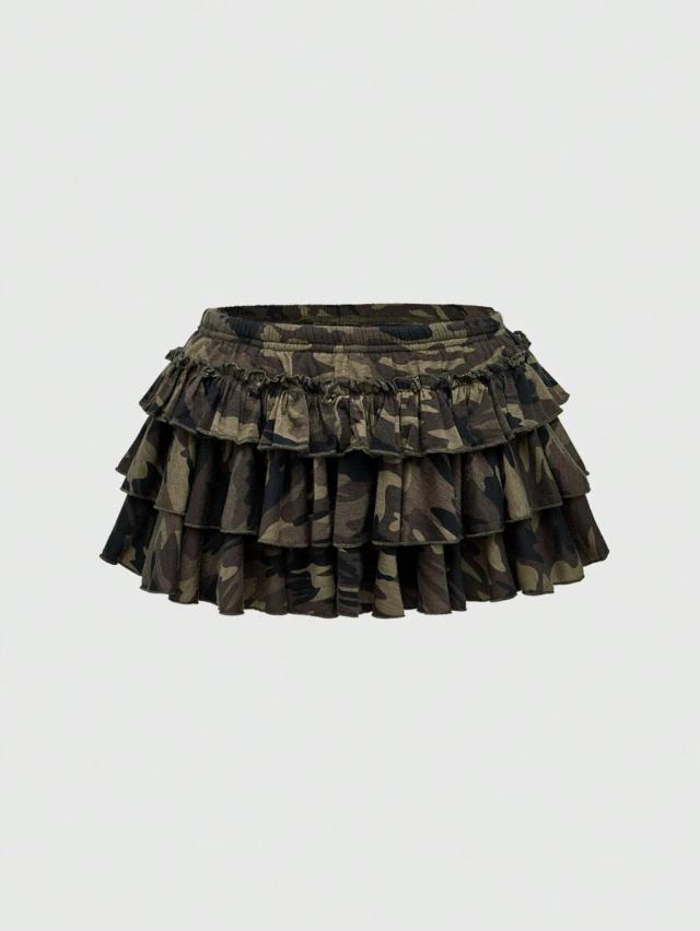 camouflage print ruffled tiered mini skirt
