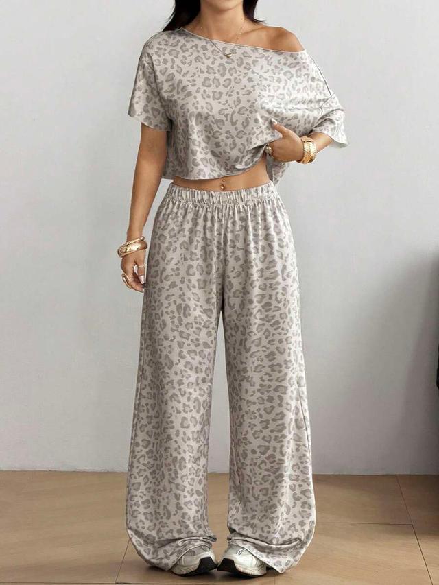 leopard print casual wide leg loungewear trousers