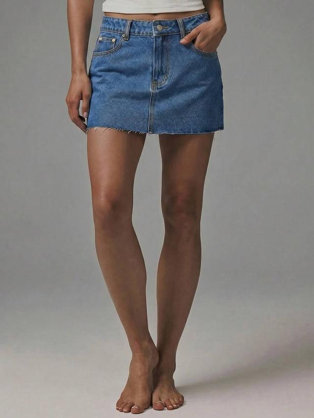 classic blue denim mini skirt with raw hem