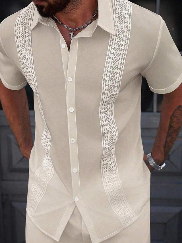 beige short sleeve shirt with contrast lace panels