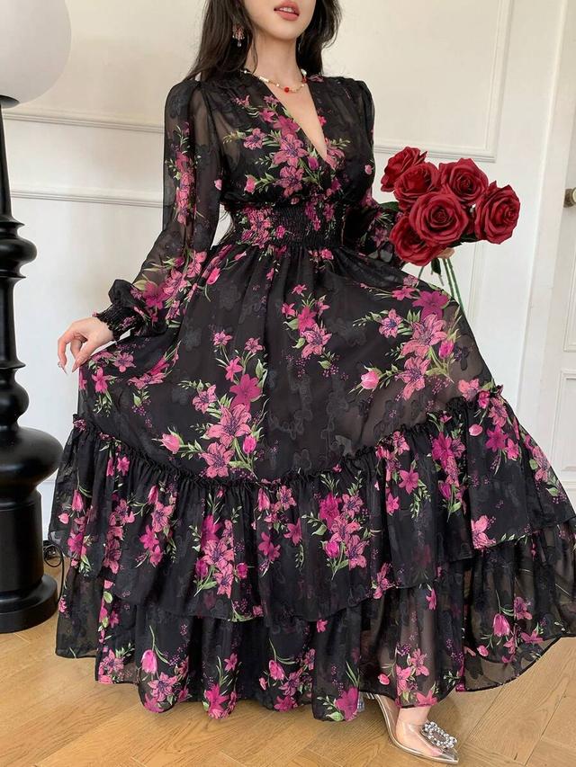 floral printed v-neck lantern sleeve tiered midi dress
