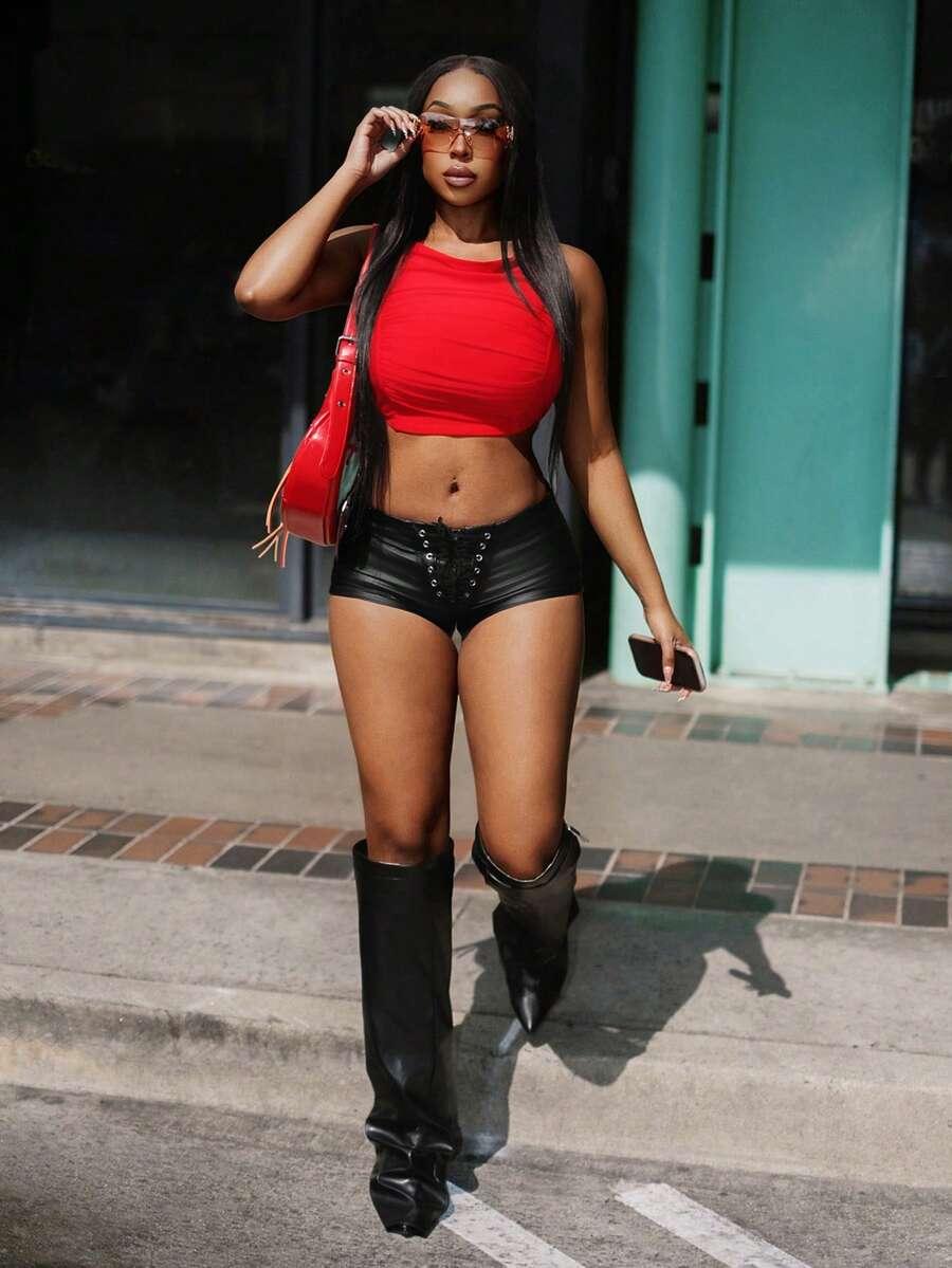 black jeanoix y2k ultra low-rise sexy lace-up coated shorts