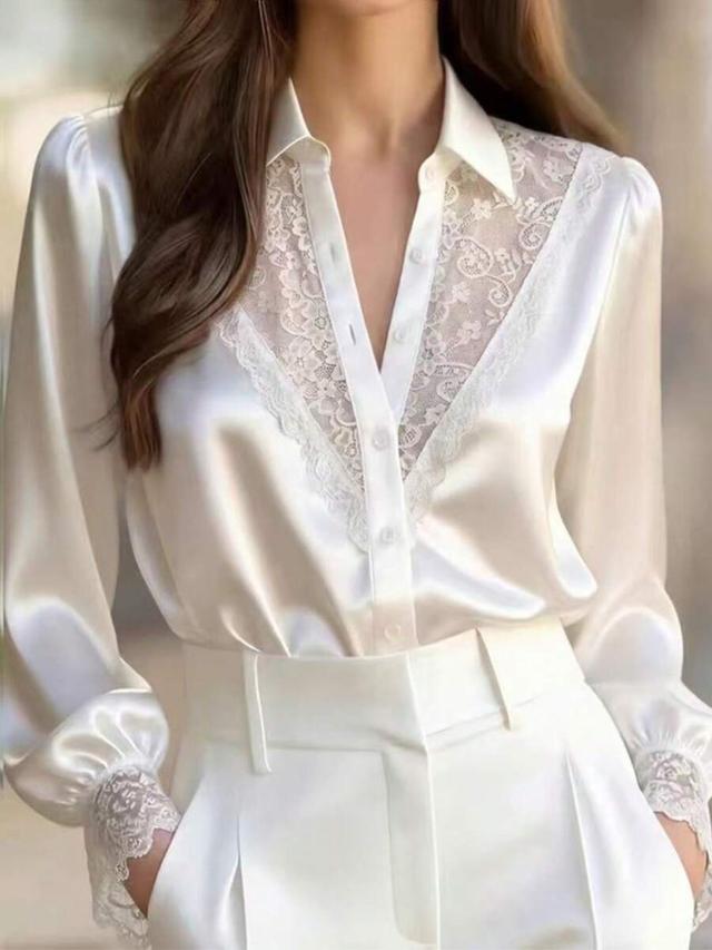 elegant white satin blouse with bishop sleeves and lace