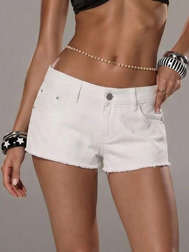 white denim raw hem five pocket shorts
