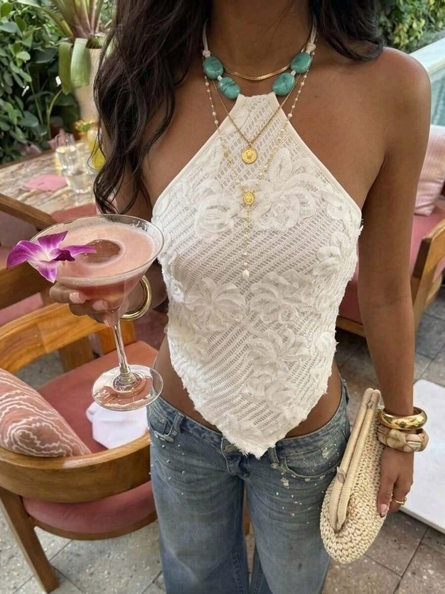 white floral lace backless halter neck crop top