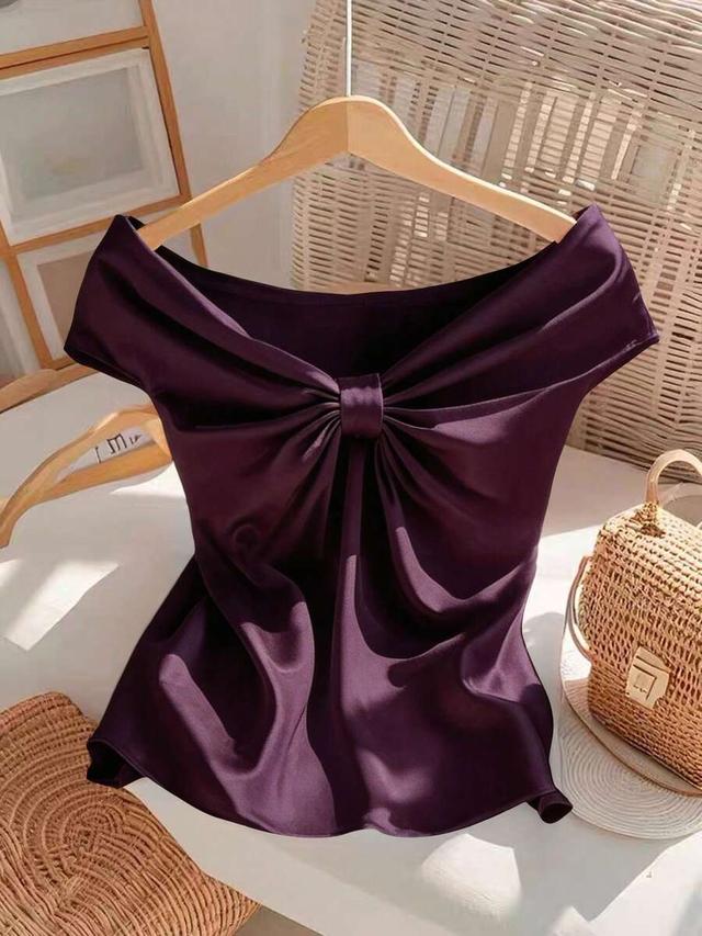 dark purple off-shoulder tie-knot satin top