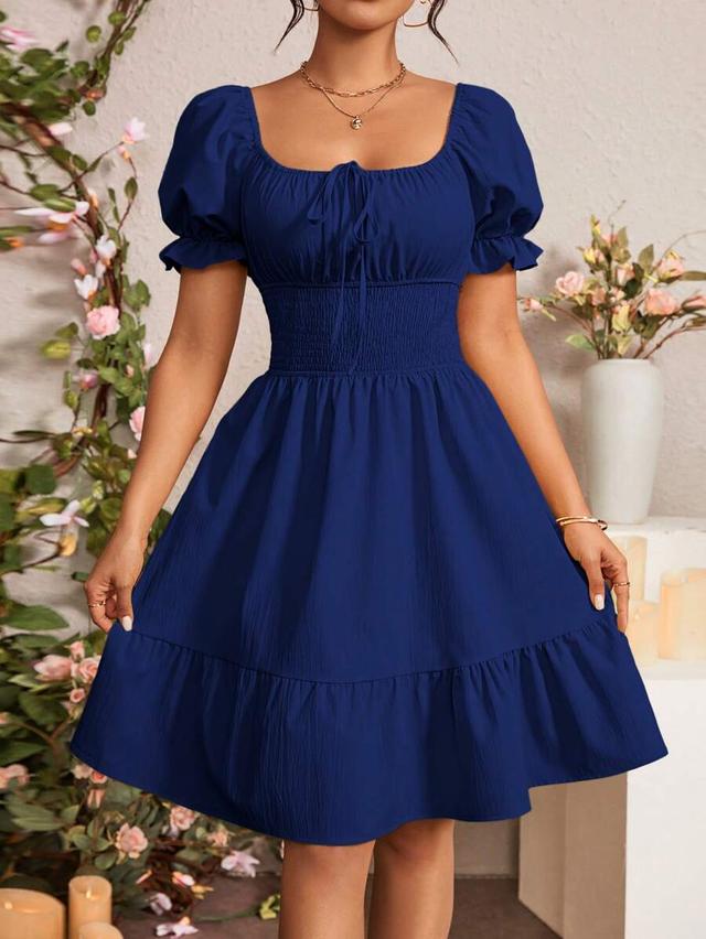 solid color front-tie puff sleeve ruffle hem dress