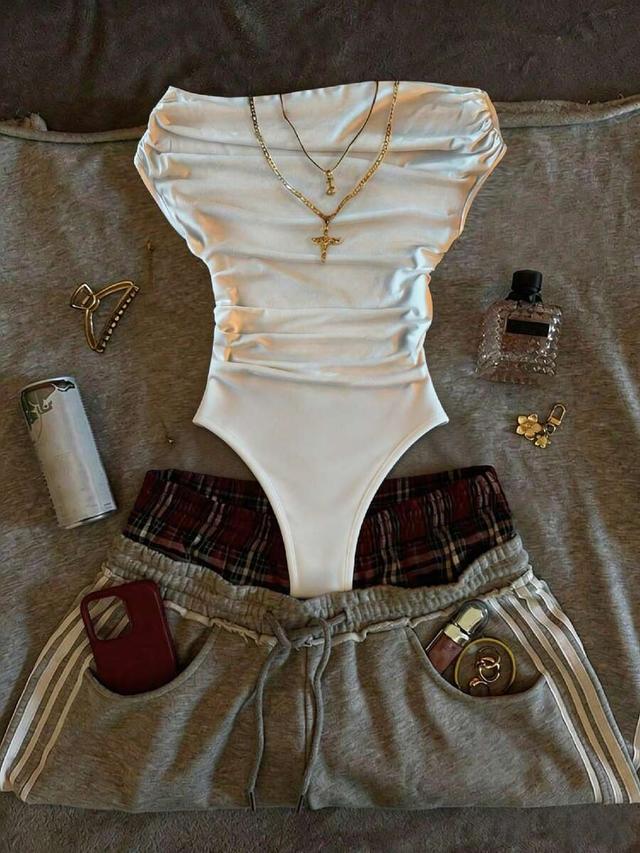white off-shoulder ruched casual bodysuit