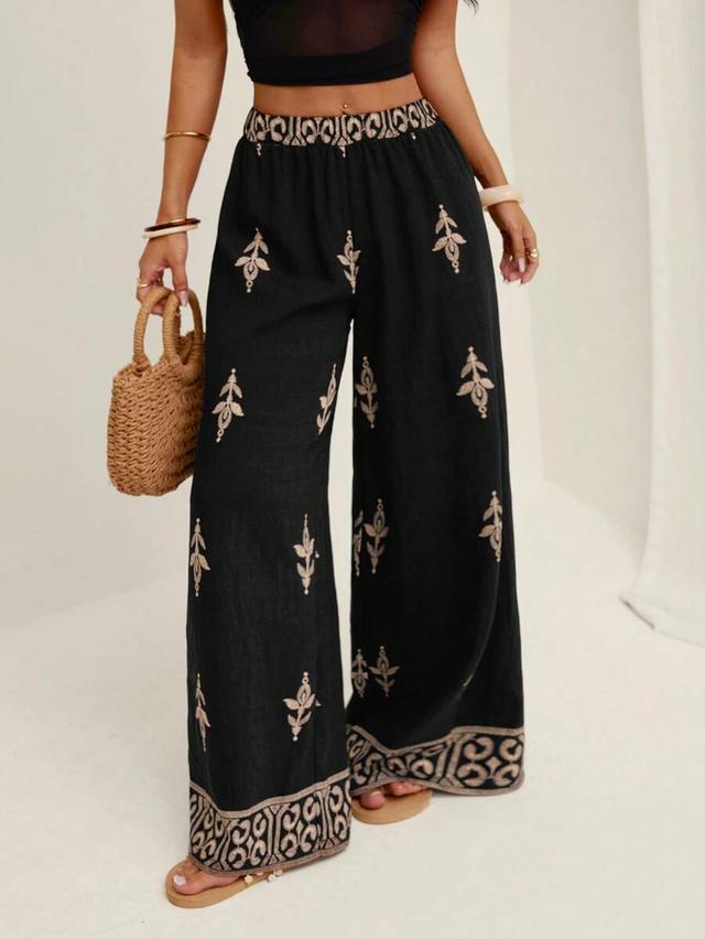 black embroidered boho wide leg trousers