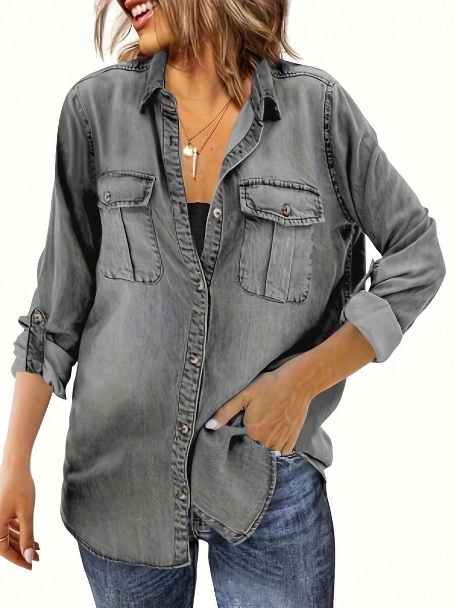 oversized distressed grey denim button down shirt