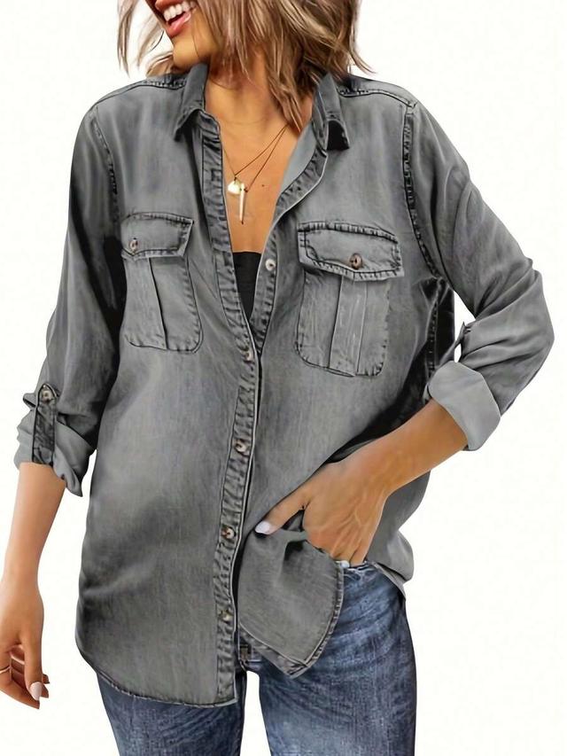 oversized distressed grey denim button down shirt