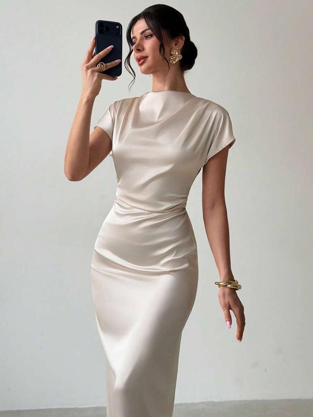 minimalist white satin pleated cap sleeve midi dress