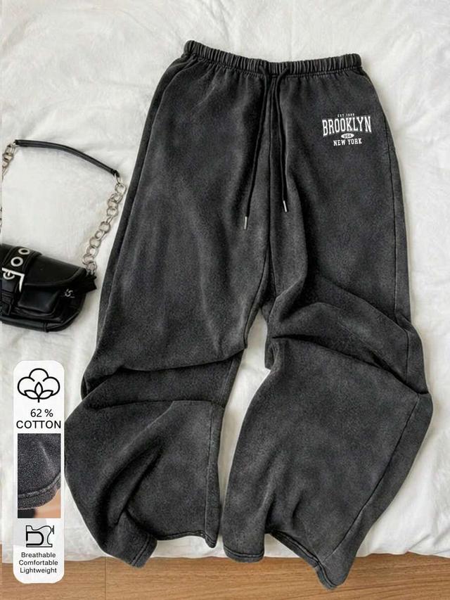 grey brooklyn pattern cotton drawstring straight-leg sweatpants