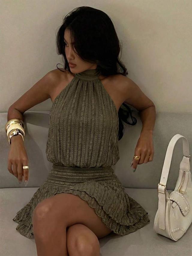 olive green halter neck backless mini dress