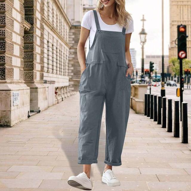 loose grey cotton bib overall jumpsuit with pockets