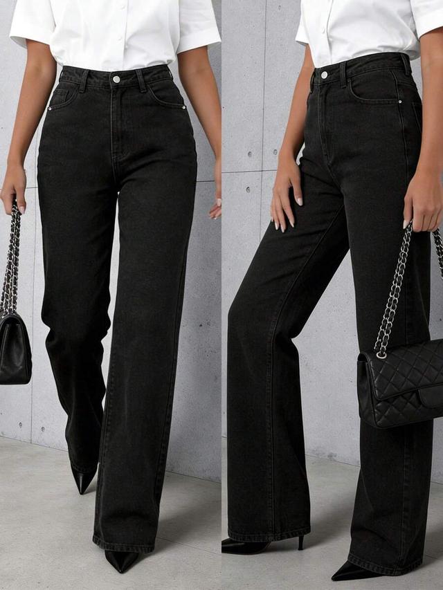 women's casual straight-leg jeans with pockets black denim