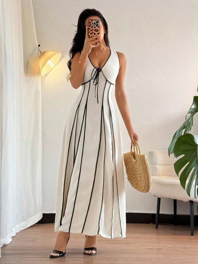 rafferiza v-neck sleeveless contrast striped cinched waist dress