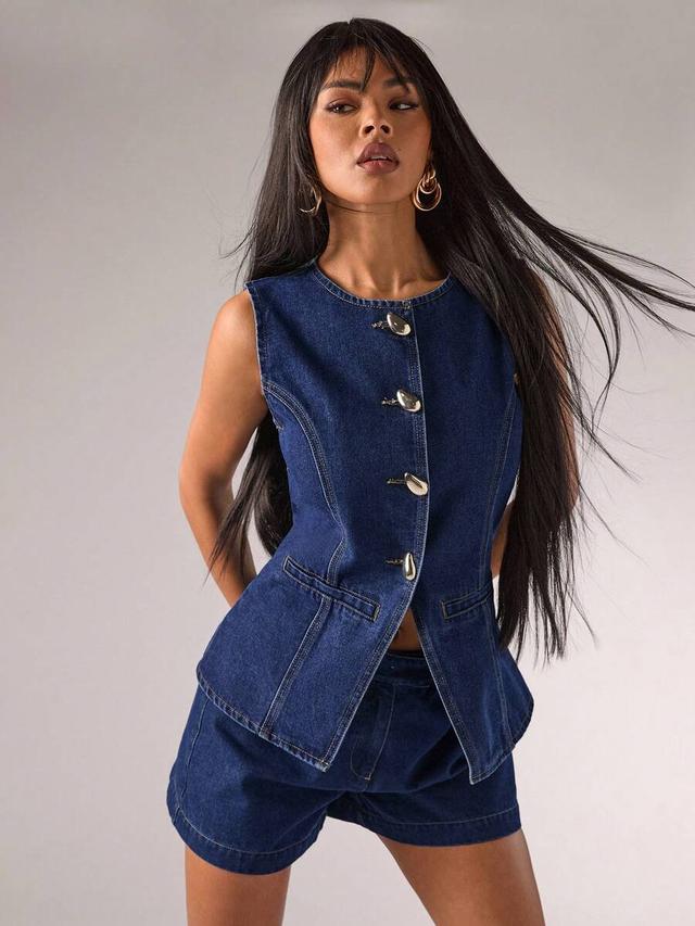 dark blue denim single-breasted sleeveless top