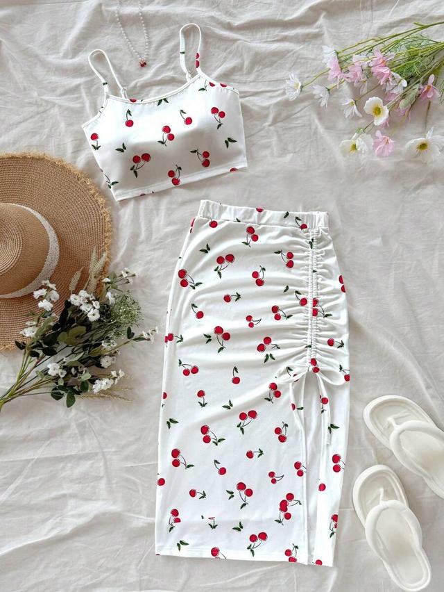 cherry print cropped tank and high slit skirt set