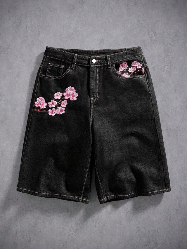 black denim shorts with floral cherry blossom embroidery