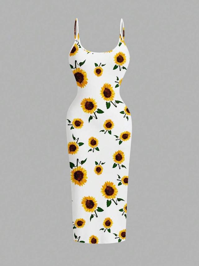 sunflower print fitted spaghetti strap midi dress