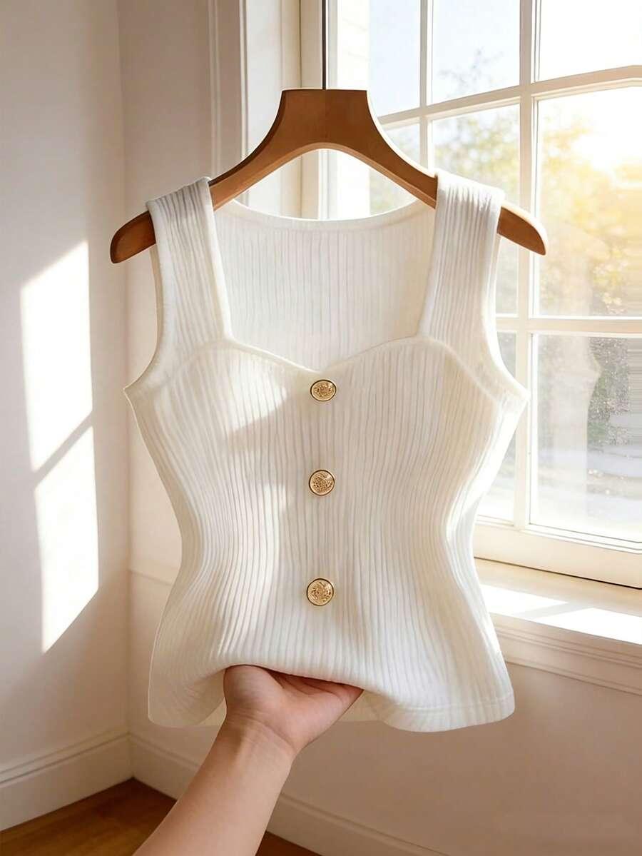 white ribbed casual tank top with gold buttons
