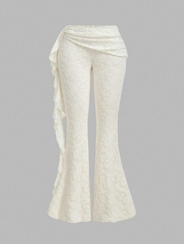 off-white lace flared pants with ruffle hem