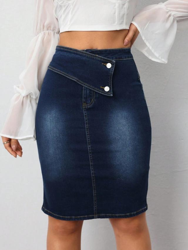 women's asymmetric waistband washed denim pencil skirt