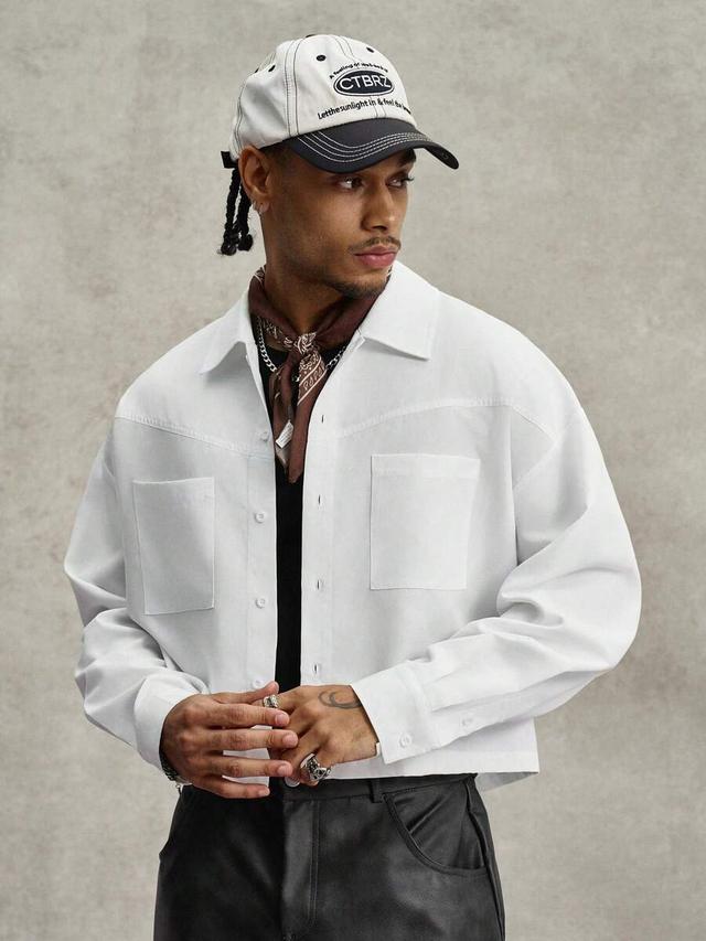 white solid color patchwork boxy fit long sleeve shirt