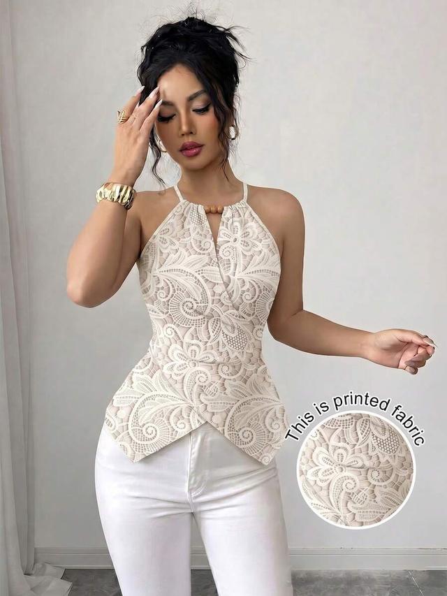 elenzga lace print asymmetric halter top