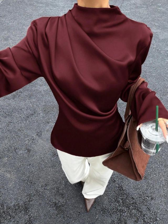 siren gaze burgundy satin draped long sleeve blouse