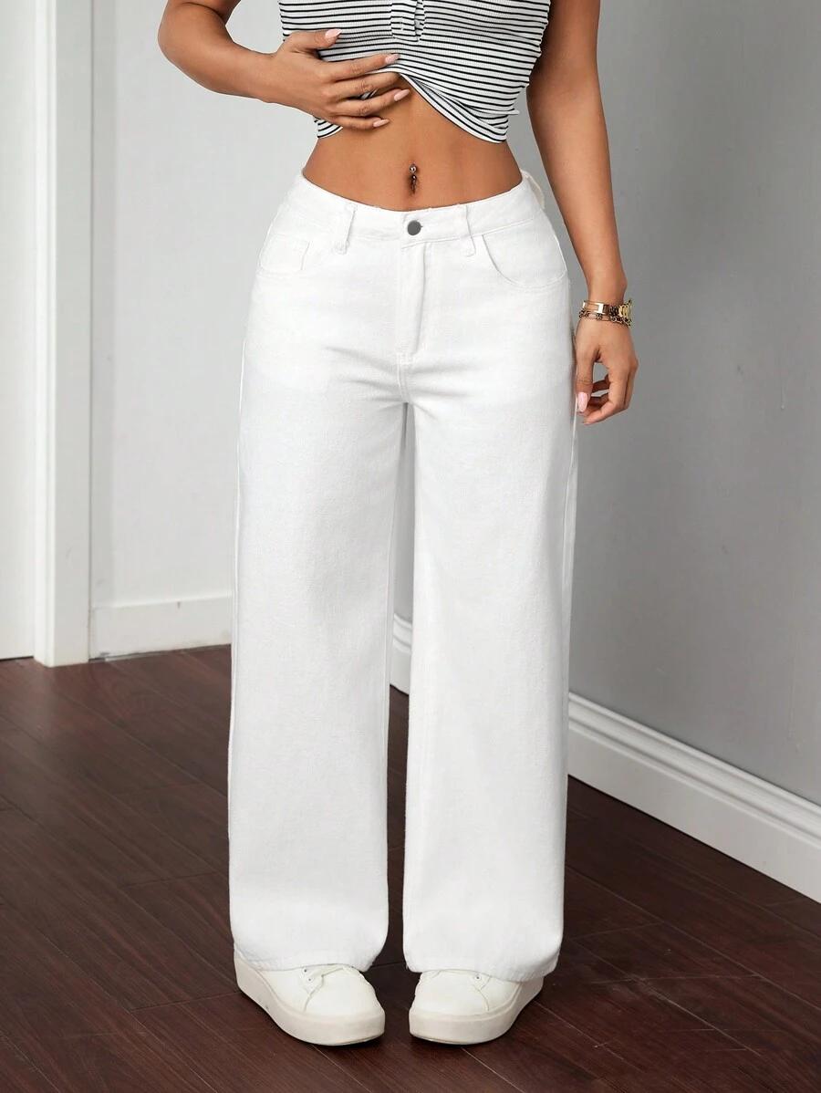 white loose fit wide leg denim jeans